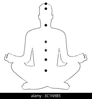 Chakras-Lokalisation im Körper. Silhouette des Mannes in Lotus-Position auf weißem Hintergrund, Illustration Stockfoto