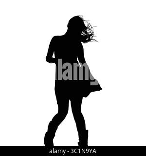 Silhouette einer jungen Frau, die im Kleid tanzt, mit windgeblasenem Haar Stock Vektor