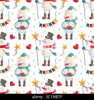 Ein lebendiges und farbenfrohes Schneemannmuster, das perfekt für die saisonale Dekoration und kreative festliche Designs ist Stock Vektor