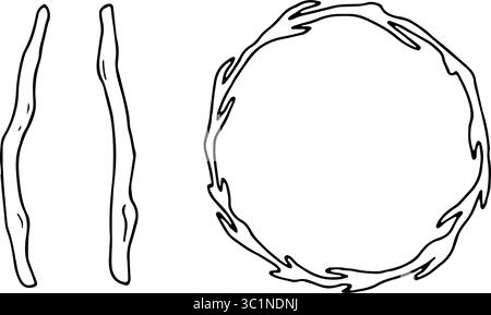 Holzprodukte. Runder Rahmen mit Baumzweigen. Einfache schwarze, handgezeichnete Grafiken im Doodle-Stil. Vektorillustration von Pflanzen. Umrisszeichnung für Stock Vektor