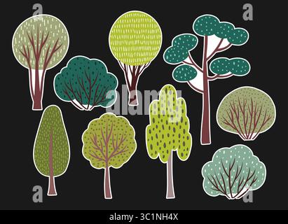 Set mit Stickern mit handgezeichneten Bäumen und Büschen Stock Vektor