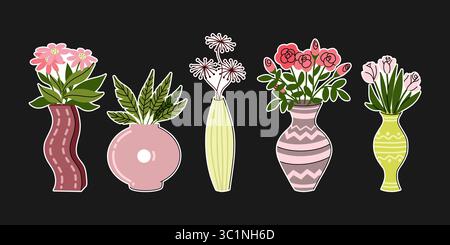 Vasen mit rosafarbenen und roten Blumenaufklebern Stock Vektor