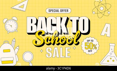 Back to School Sale Banner mit Schulbedarf auf gelbem Gitterhintergrund. Vektorabbildung Stock Vektor