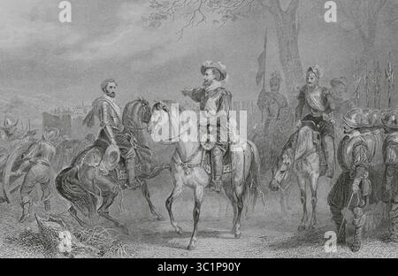 Französische Religionskriege (1562-1598). Belagerung von Paris 1590. Die französische Königliche Armee unter König Heinrich IV. (1553–1610) und unterstützt von den Hugenotten, gelang es nicht, die Stadt von der Katholischen Liga zu erobern. Illustration von Karl Girardet. Druck von Berthiau. Stich von Paul Girardet. Histoire de Paris et de ses Monuments (Geschichte von Paris und ihre Denkmäler), 1895. Autor: Karl Girardet (1813-1871). Schweizer Künstler. Paul Girardet (1821-1893). Französischer Kupferstecher in der Schweiz. Stockfoto