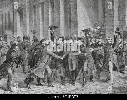 Rémy Joseph Isidore Exelmans (1775-1852). Marschall von Frankreich. Er nahm an den Französischen Revolutionskriegen und den Napoleonischen Kriegen Teil. Er wurde wegen Korrespondenz mit Murat und Spionage angeklagt und vor einem Kriegsgericht unter dem Vorsitz von General Drouet, Graf von Erlon, gestellt und am 23. Januar 1815 freigesprochen. Glückwunsch an General Exelmans zu seinem Freispruch. Zeichnung von Philippoteaux. Stich von Pontenier. "Histoire du Consulat et de l'Empire" (Geschichte des Konsulats und des französischen Reiches unter Napoleon), von A. Thiers. Band IV. Veröffentlicht in Barcelona, 1879. Stockfoto