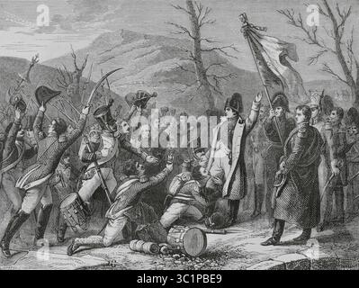 Der Flug des Adlers (1. Bis 20. März 1815). Napoleons marsch von Elba nach Paris. Napoleon I. kehrt nach seinem ersten Exil von der Insel Elba nach Frankreich zurück. Ankunft Napoleons und seiner Truppen in Golfe-Juan am 28. Februar 1815. Colonel Charles de la Bédoyère (vorne rechts), der das 7. Regiment der Linie kommandiert, begrüßt Napoleon. Zeichnung von Girardet nach Carl von Steubens Gemälde 1818. Stich von Chapon. "Histoire du Consulat et de l'Empire" (Geschichte des Konsulats und des französischen Reiches unter Napoleon), von A. Thiers. Band IV. Veröffentlicht in Barcelona, 1879. Stockfoto