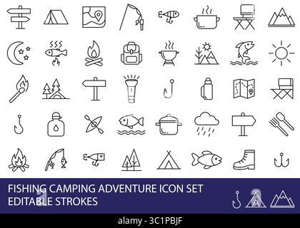 Fishing Camping Adventure Icons Zusammenstellung. Vektorgrafik einfache Illustration Icon Set für Web, T-Shirt Design, andere grafische Design Verwendung Stock Vektor