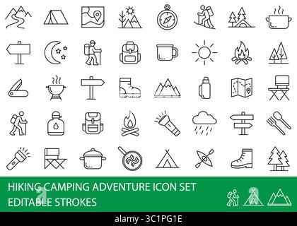Hiking Camping Adventure Icons Zusammenstellung. Vektorgrafik einfache Illustration Icon Set für Web, T-Shirt Design, andere grafische Design Verwendung Stock Vektor