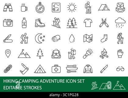 Hiking Camping Adventure Icons Zusammenstellung. Vektorgrafik einfache Illustration Icon Set für Web, T-Shirt Design, andere grafische Design Verwendung Stock Vektor