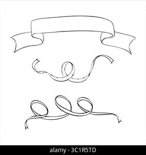 Vektorsatz von Banner und Bändern, handgezeichnete Gliederillustration. Gravur in Schwarz-weiß-Design für Grußkarten, Einladungen, Etiketten und Drucken. Stock Vektor