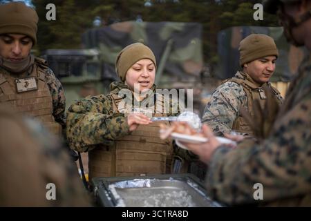 28. Februar 2019 - Adazi Training Area, Lettland - CPL. April Flores, ein Chaos Chief mit Hauptquartier Batterie, 14. Marine Regiment, 4. Marine Division, serviert eine warme Mahlzeit in einem Motorpool im Adazi Training Adazi Training Area, Lettland, 27. Februar 2019, während der Übung Dynamic Front 19. Übung Dynamic Front 19 umfasst etwa 3.200 Mitglieder aus 27 Nationen, die aus dem Grafenwoehr Training Area (Deutschland), Riga (Lettland) und Torun, Polen; vom 2. bis 9. März 2019. Dynamic Front ist eine jährlich stattfindende Übung der US Army Europe, die sich auf die Bereitschaft und Interoperabilität der US Army konzentriert. Stockfoto