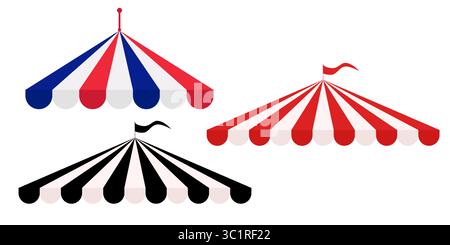 Zirkuszelt mit einer gespaltenen Flagge gestreift in Rot, Blau und Schwarz. Karnevalskuppeldach, Vorlage für Design. Stock Vektor