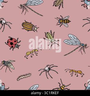 Verspielter rosafarbener Hintergrund mit bunten handgezeichneten Bugs Stock Vektor