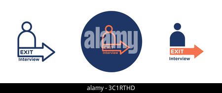 Es werden drei Symbole angezeigt, eines davon ist ein blauer Kreis mit einem Mann in der Mitte und einem orangefarbenen Pfeil nach rechts. Die anderen beiden Symbole sind blau Stock Vektor