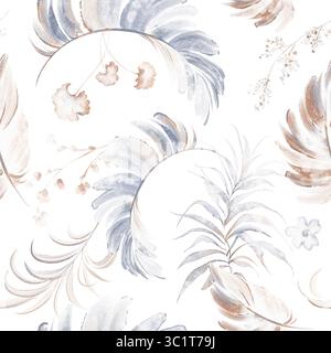 Nahtloses tropisches Aquarellmuster mit pastellfarbenen Blättern und Blumen. Sanfte Beige- und Blautöne. Geeignet für Verpackungen, Textilien, Tapeten, Branding, Stockfoto