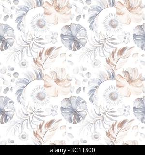 Nahtloses tropisches Aquarellmuster mit pastellfarbenen Blättern und Blumen. Sanfte Beige- und Blautöne. Geeignet für Verpackungen, Textilien, Tapeten, Branding, Stockfoto