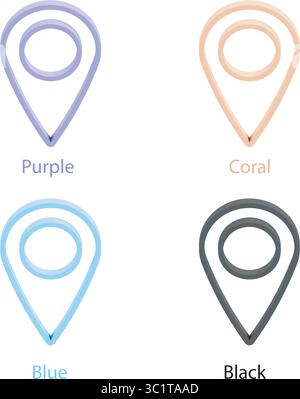Minimalistischer 3D-Vektorlinien-Symbolsatz mit dem Positionssymbol. Farbvarianten: Lila, Korallen, Blau und Schwarz. Die Symbole eignen sich perfekt für UI und Apps. Stock Vektor