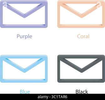 Minimalistischer 3D-Vektorlinien-Satz mit dem Briefumschlagsymbol. Farbvarianten: Lila, Korallen, Blau und Schwarz. Die Symbole eignen sich perfekt für UI und Apps. Stock Vektor