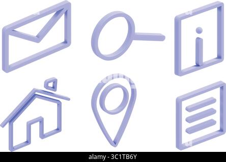 Modernes ikometrisches 3D-Liniensymbol mit sechs wichtigen Symbolen in lila Weboberfläche. Isoliert. Stock Vektor