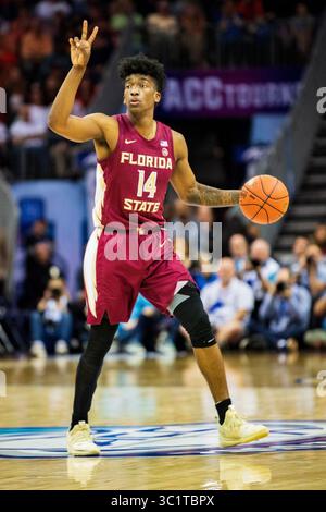 Florida State Seminoles schützen Terance Mann (14) während des ACC College Basketball Turniers zwischen den Florida State Seminoles und den Virginia Cavaliers am Freitag, den 15. März 2019, im Spectrum Center in Charlotte, NC. Jacob Kupferman/CSM(Kreditbild: &Copy; Jacob Kupferman/CSM via ZUMA Wire) Stockfoto
