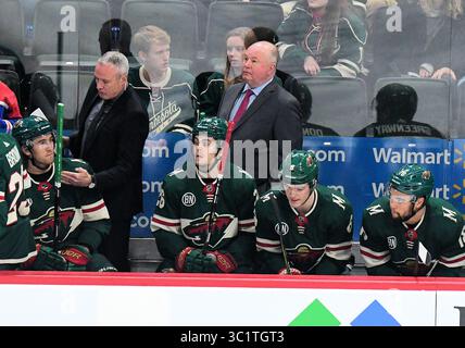 Am 16. März 2019 sieht Minnesota Wild-Cheftrainer Bruce Boudreauduring während des NHL-Spiels zwischen den New York Rangers und Minnesota Wild im Xcel Energy Center in St. Paul, MN. Minnesota besiegte die Rangers mit 5 zu 2. Foto von Russell Hons/CSM (Kreditbild: &Copy; Russell Hons/CSM via ZUMA Wire) Stockfoto