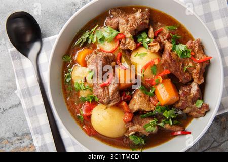 Semur Daging indonesisches geschmortes Rindfleisch mit Gewürzen und süßer Sojasauce in der Schüssel auf dem Tisch. Horizontale Draufsicht von oben Stockfoto