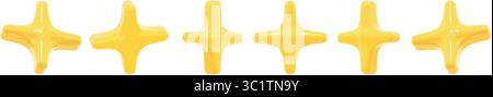 Ein Satz von 6 glänzend gelben Vektorstern-Symbolen in einem weichen 3D-Cartoon-Stil. Jeder Stern weist subtile Variationen in Rotation und Perspektive auf. Stock Vektor