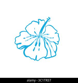 Hibiskus-Symbol auf weißem Hintergrund. Illustration im Doodle-Stil in blauer Farbe. Tropische Blume, exotische Hibiskusblüte. Einzelnes Blumensymbol für Logo, hawaiianisches Designelement. Vektorabbildung. Stock Vektor