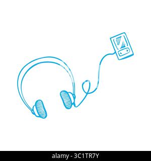 Audio-Player mit Kopfhörern. Vintage-Player. Musik-Headset. Retro-Illustration. Flacher Vektor isoliert auf weißem Hintergrund. Stock Vektor