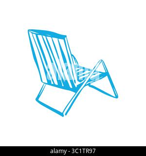 Strandliegestuhl isoliert auf weißem Hintergrund. Sommer-Vektor-Illustration des Lounge-Stuhls für Urlaub am Meer im Doodle-Stil. Gestreifter Klubsessel in blauer Farbe Stock Vektor