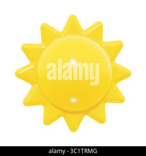 Realistische, glänzende 3D-Vektorsonne. Helles Wettersymbol mit glänzender Oberfläche und kräftigem Gelb. Perfekt für Wettervorhersagen und mobile Apps. Stock Vektor