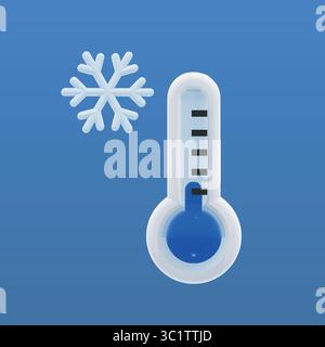 3D-Vektor-EPS. Schneeflocke gepaart mit einem blauen Thermometer, das kaltes Wetter oder frostige Temperaturen symbolisiert. Modernes Hochglanz-Design, isoliert. Stock Vektor