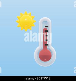 Hellgelbe Sonne gepaart mit einem roten Thermometer, das heißes Wetter oder hohe Temperaturen symbolisiert. Glänzendes, modernes Design, isoliert. Stock Vektor