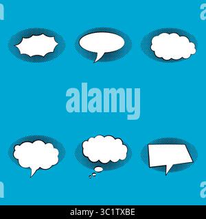 Comic-Buch-Sprach- und Gedankenblasen auf blauem Halbton-Hintergrund. Stock Vektor