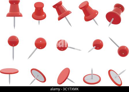 Set aus realistischen, verschiedenen roten Steckstiften, isoliert, in verschiedenen Winkeln. 3D-Vektor-Illustration von Daumenhaltern mit Rundkopf und Flachkopf. Stock Vektor