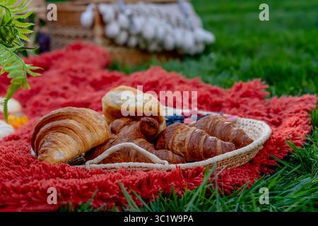 Ein lebhaftes Picknick im Herbst bietet farbenfrohe saisonale Speisen – helle Kürbisse, Äpfel, Wurstwaren, frisches Brot, Käse, und warme Getränke. Umschlossen b Stockfoto