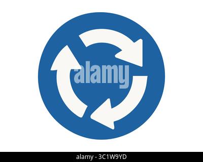 Obligatorisches Straßenschild mit kreisförmigen weißen Pfeilen auf blauem Hintergrund, das Kreisverkehr anzeigt, grafische Abbildung. Verkehrsrichtung, Verkehrssicherheit Stock Vektor