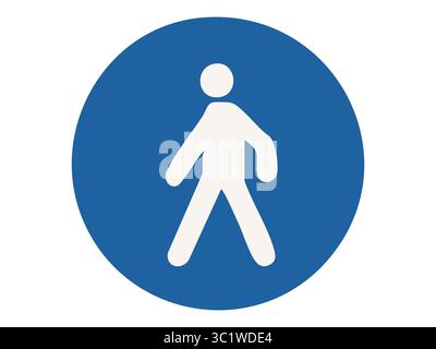 Blaues kreisförmiges Fußgängerschild mit weißer Gehfigur, isoliert auf blauem Hintergrund. Verkehrszeichen, Fußgängersicherheit, Straßenbeschilderung, öffentliche Verkehrsmittel, Symbol. Stock Vektor