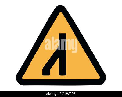 Warnendes Verkehrsschild mit schwarzem zusammenführendem Verkehrssymbol in gelbem Dreieck isoliert auf weißem Hintergrund, grafische Abbildung. Konzept der Zusammenführung von Straßen, Verkehrsknotenpunkten, Fahrspurreduzierungswarnung. Stock Vektor