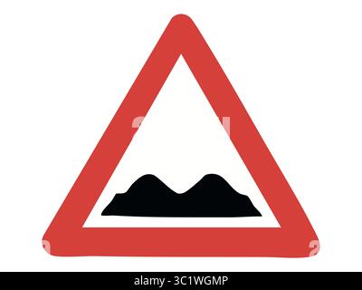 Warnschild mit schwarzem Unebenheitssymbol im roten Dreieck isoliert auf weißem Hintergrund, grafische Abbildung. Konzept: Geschwindigkeitsschwellen, unebene Fahrbahnoberfläche, Fahrgefahr, Verkehrshinweis. Stock Vektor
