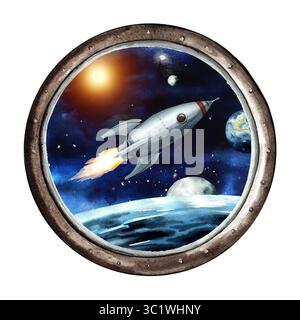 Space Rocket im Raum, Ansicht vom Space Bullauge. Handgezeichnete Aquarellillustration, isoliert auf weißem Hintergrund Stockfoto