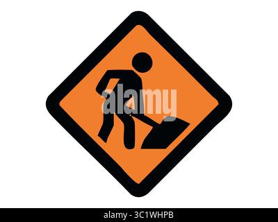 Warnschild für Straßenarbeiten mit Silhouette des Bauarbeiters, der Schaufel innerhalb des orangefarbenen Diamanten hält, isoliert auf weißem Hintergrund. Konzept der Verkehrswarnung, Wartungszone, Bauwarnung. Stock Vektor