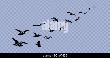 Silhouette von Vögeln, die wegfliegen. Schatten der Vogelschwärme, die hoch am Himmel fliegen, gezeichnet mit Wachsstift oder Pastellfarben. Grafikelement schwarz geschrieben Stock Vektor