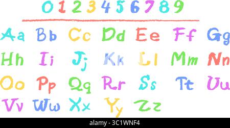 Bunte Vektorillustration des englischen Alphabets und der Zahlen 0-9, handgezeichnet in einem Buntstift, Kreide, Pastellfarben oder Wachs. Markierungseffekt auf einem Stock Vektor