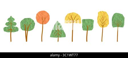 Set aus Retro-Bäumen mit zerknittertem, zerrissenem Papier und Pappe. Freihändig geschnittene Formen für Schulschilder, Kindergärten oder ökologische Aufkleber Stock Vektor