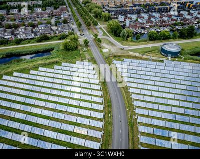 ALMERE - Solarpark mit Solarpaneelen zur Stromversorgung von 80.000 Haushalten in Almere nederland . Die Verbraucher sind zunehmend von Staus im Stromnetz betroffen. Besonders in den Poldern und in älteren Stadtteilen und Dörfern können veraltete Teile des Stromnetzes mit dem Anstieg der Anzahl der Solarpaneele Drohnenfoto ANP / Hollandse Hoogte / robin utrecht niederlande aus - belgien aus Stockfoto