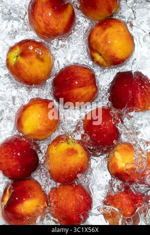 Saftige frische Pfirsiche, die in klarem Wasser schwimmen. Ästhetische Draufsicht. Stockfoto