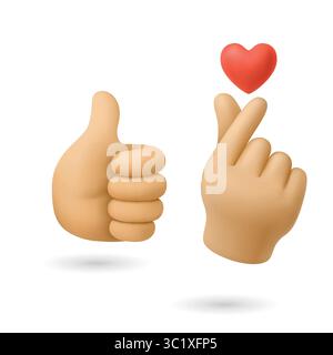 Vektor 3D Finger Herz Hand Geste Set. Koreanische Fingerherz-Illustration, die Liebe und Wertschätzung zeigt. Niedliche Handgesten für soziale Medien, K-Pop Stock Vektor