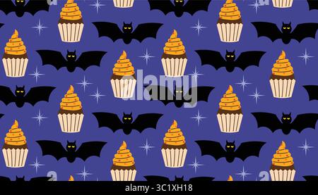 Niedliches nahtloses Halloween-Muster mit schwarzen Fledermäusen, Cupcakes und Sternen auf dunkelblauem Hintergrund im flachen Cartoon-Stil. Lustiges, gruseliges Design für Kinder Stock Vektor