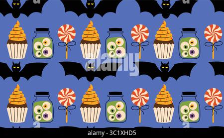 Niedliches, nahtloses Halloween-Muster mit schwarzen Fledermäusen, Cupcakes, Gläsern mit Augäpfeln und verdrehten Lutschen auf dunkelblauem Hintergrund im flachen Cartoon-Stil. Spaß Stock Vektor